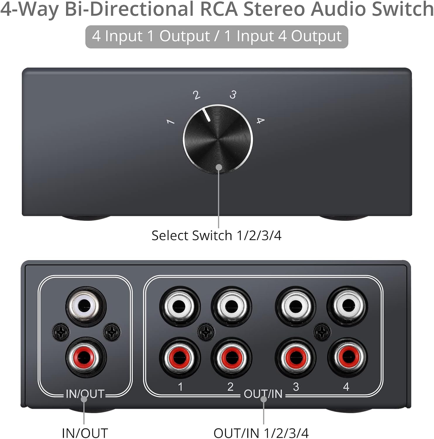 PROZOR RCA Stereo Audio Switch 4-Way Bi-Directional L/R Sound Channel Audio Switch Splitter RCA Stereo Switch Selector for DVD Stereo Speaker CD Player