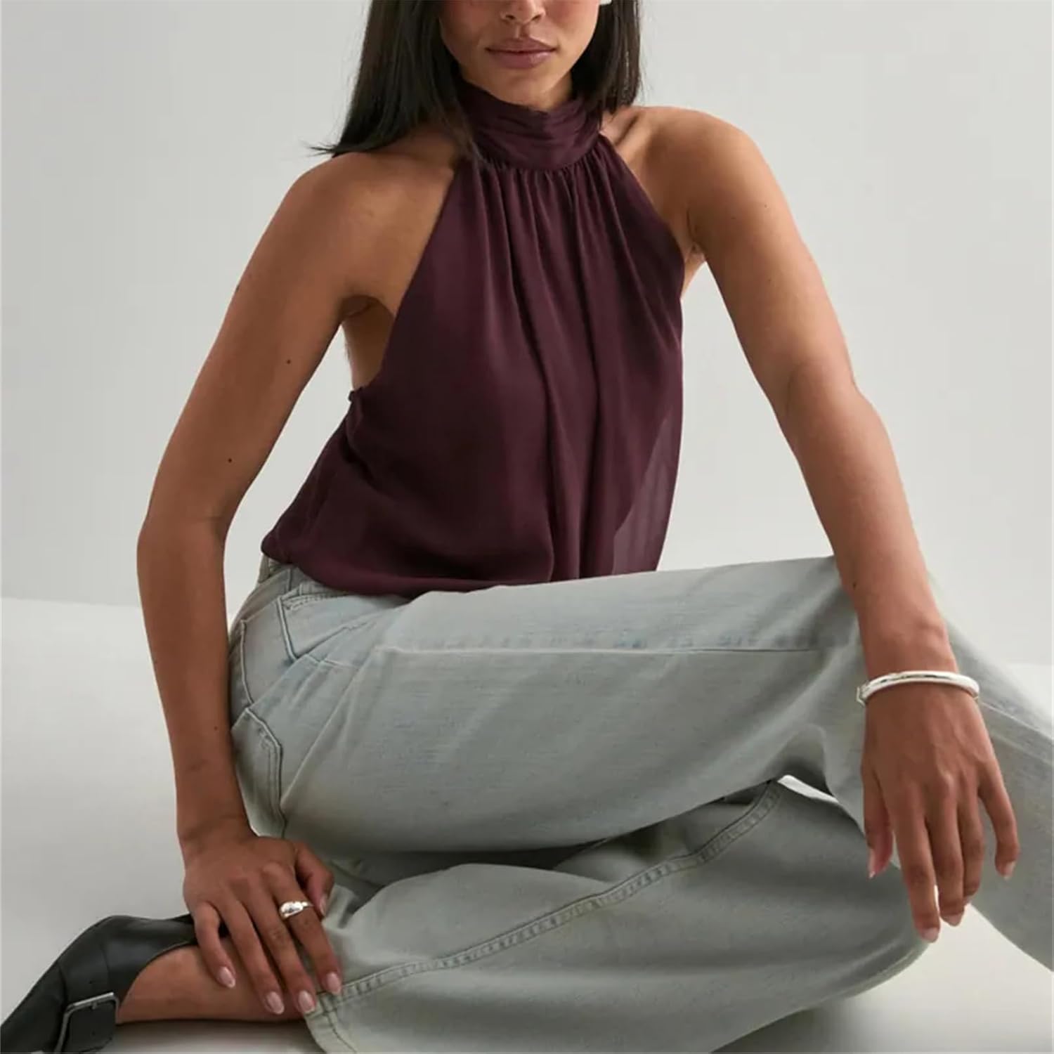 Women Y2k Halter High Neck Top Sexy Open Back Sleeveless Ruched Cinched Waist Cropped Shirt Retro Going Out Camisole - Image 2