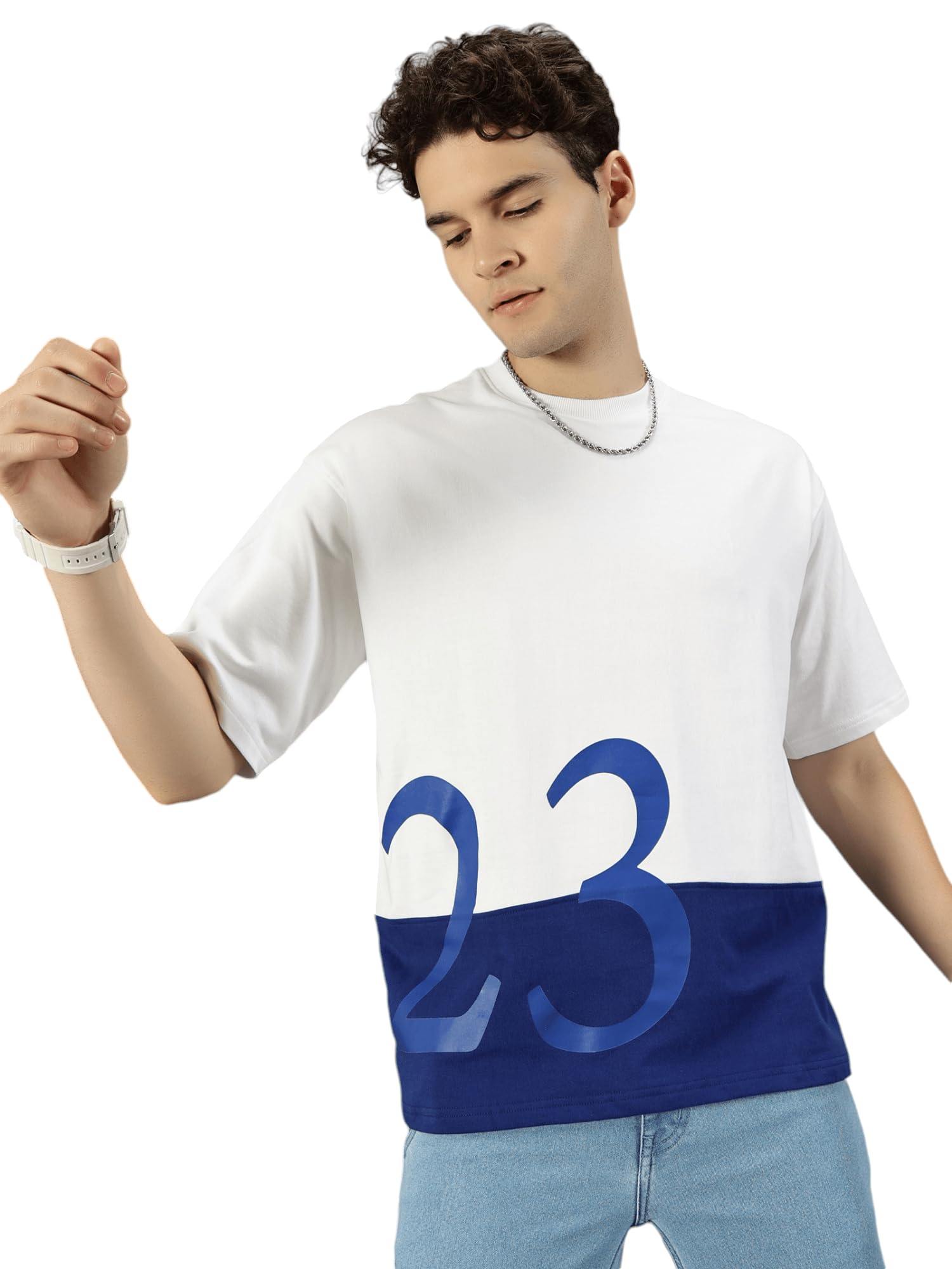 DOUTHalf Sleeve Oversized Tshirt for Men Cut and Sew Pattern Front Digital Print Drop Shoulder Unisex T-Shirt 240 GSM Premium Cotton