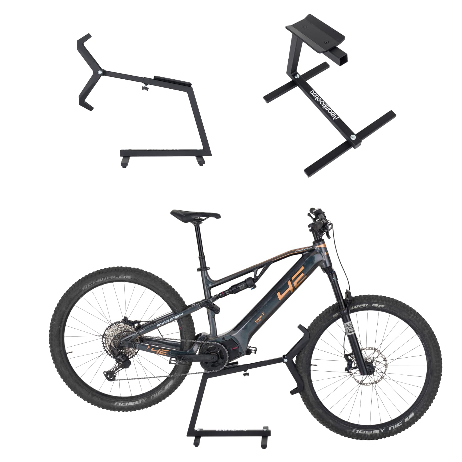 DRAGONWORKS MX Soporte Bicicleta Eléctrica - Soporte Bicicleta para MTB y E-Bike 27,5 - 29”, Rueda Trasera Giratoria para Mantenimiento y Limpieza, Capacidad 45 kg