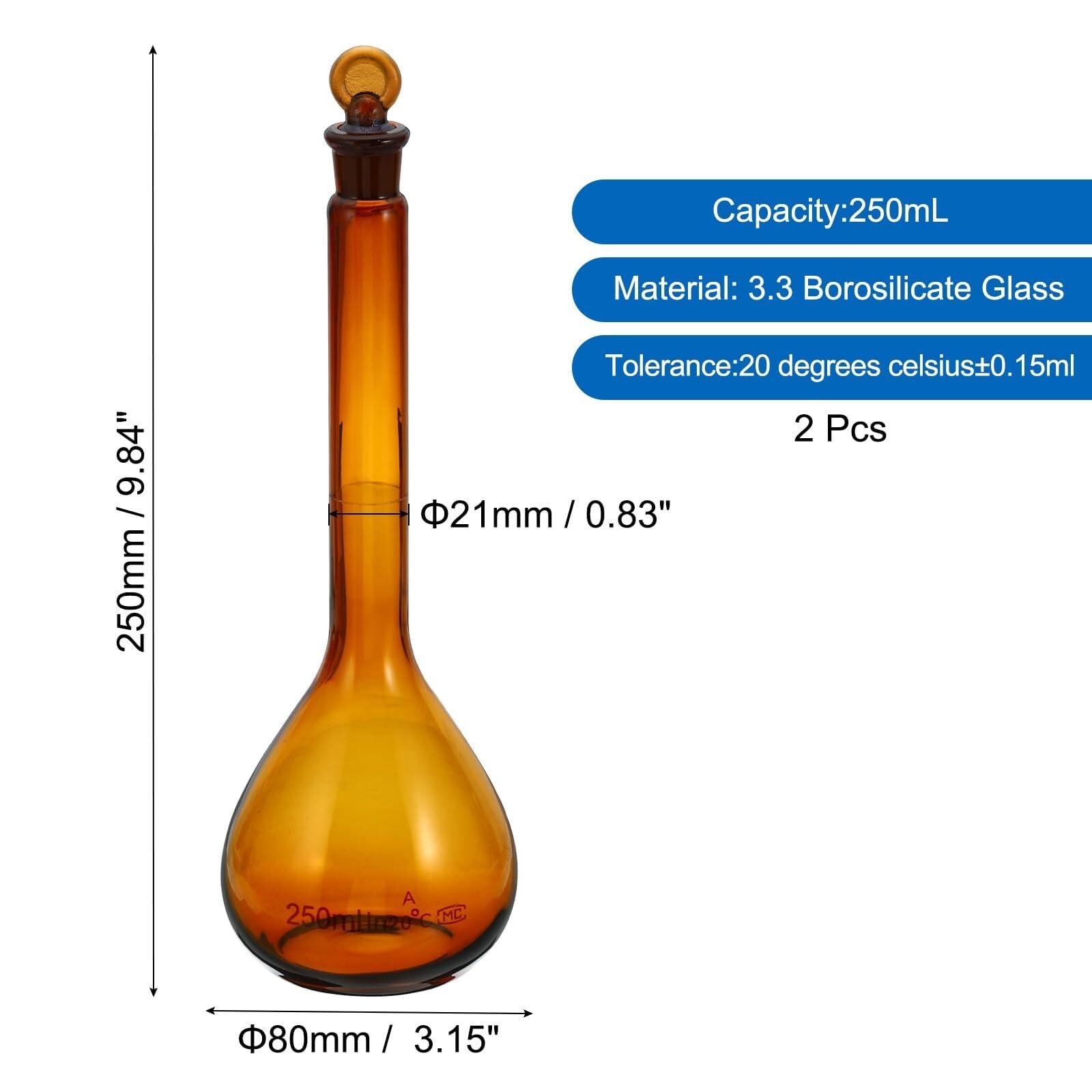 Matraz aforado 250ml ámbar de vidrio borosilicato con tapón - Precisión ±0,15ml, Paquete de 2 para experimentos de laboratorio