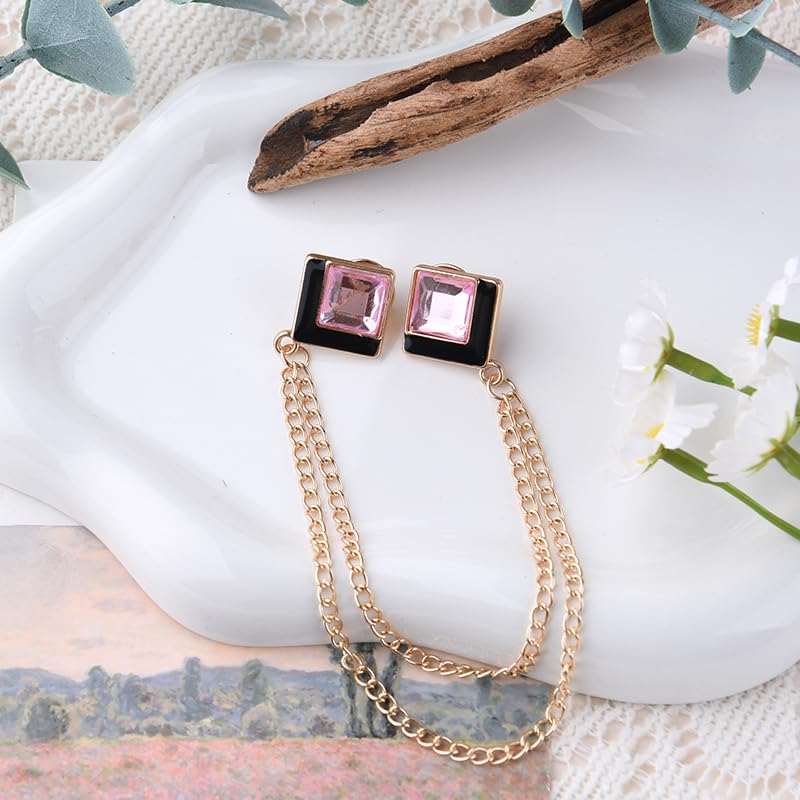 Image of Gem Brooch Pins Hanging Chain Lapel Pin for Men Suits Shirt Collar Brooch Square Crystal Brooch Pin Rhinestone Lapel Pins for Men Tassel Chain Brooch Collar Pins Business Suit Shirt Accessories