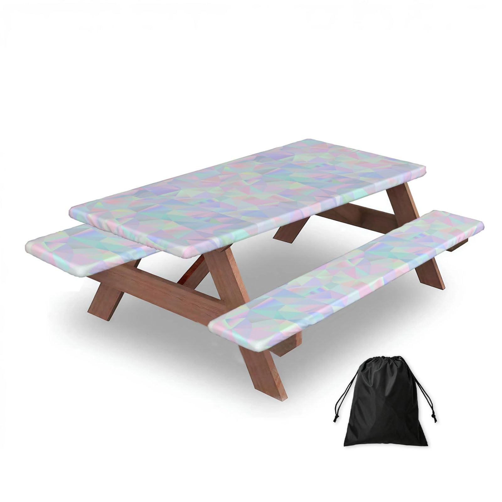 Dopklna As Picture Abstract Iridescent Holographic Polygonal, Picnic Table Cover With Bench Covers -Waterproof Elastic Fitted Tablecloth For Garden Camping Patio 76X152cm