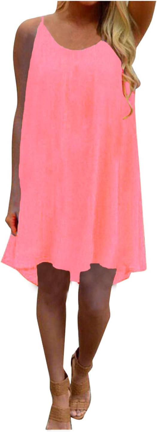 Franterd Dress Womens Spaghetti Strap Back Howllow Out Chiffon Beach Short Dress Hot Pink