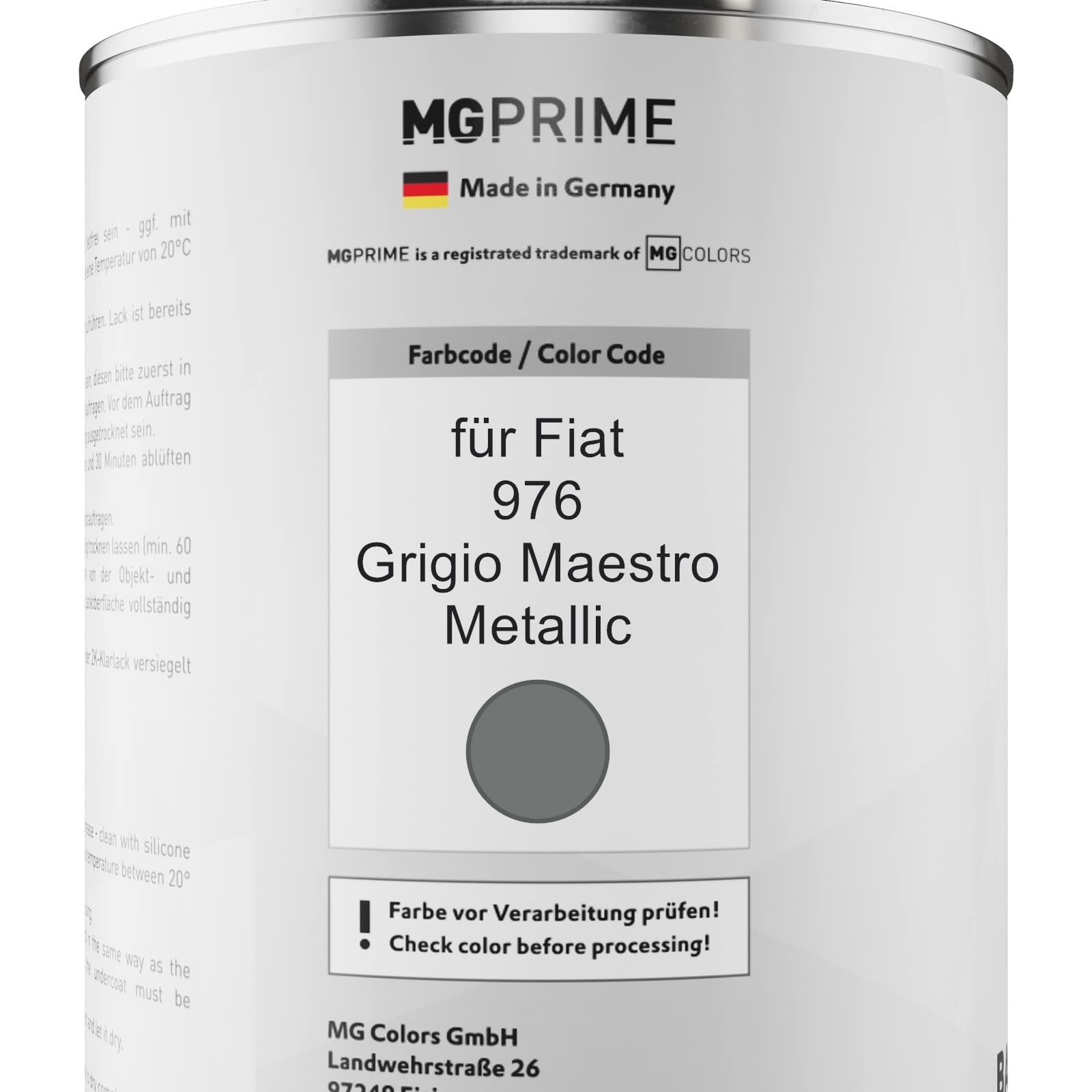 MG PRIME Lakier samochodowy Zestaw puszek dla Fiat 976 Grigio Maestro Metallic Lakier bazowy 2K Utwardzacz do lakieru bezbarwnego gotowy do natrysku 2,5L