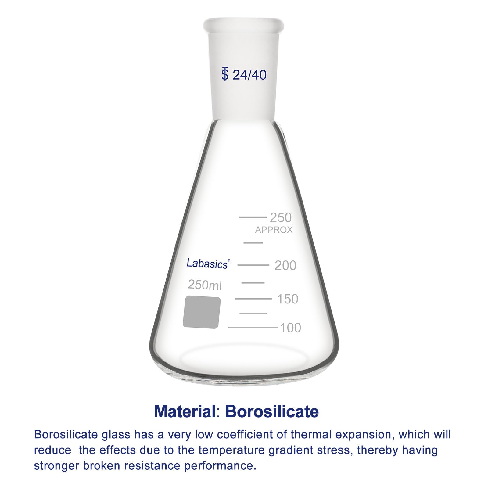 Labasics Vidrio 24/40 Erlenmeyer Matraz, Borosilicato Pared Gruesa, 250 ml