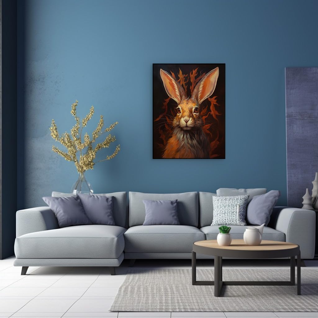 Canvas for Living room. Whiskered Enigma: A Portrait of Contrast with the Lone Rabbit and the Singed Leaf, 27 x 18 inch Canvas Wall Art - Contemporary Masterpieces - Botanical Home Decor