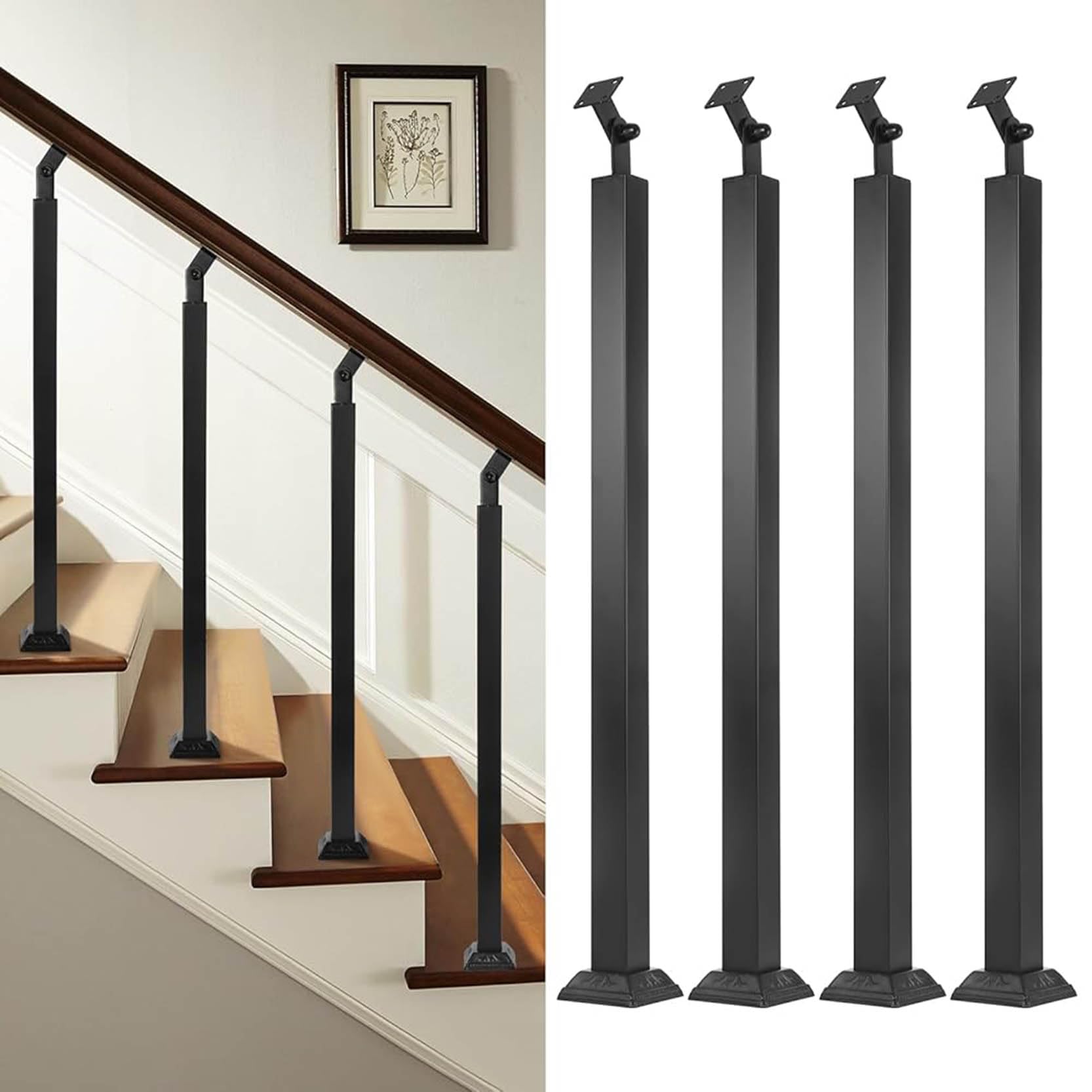 GOUZIBHD 4 Pack Staircase Handrail,Black Square Iron Baluster Posts,Balusters for Staircase Interior,270° Adjustable Spindles for Deck Steps Balcony(Size:85cm/33.5in)