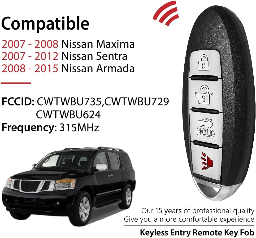 Replacement for 2012 2013 2014 2015 Nissan Maxima Sentra Armada Key Fob Remote Control CWTWBU735 4 Buttons 315MHz