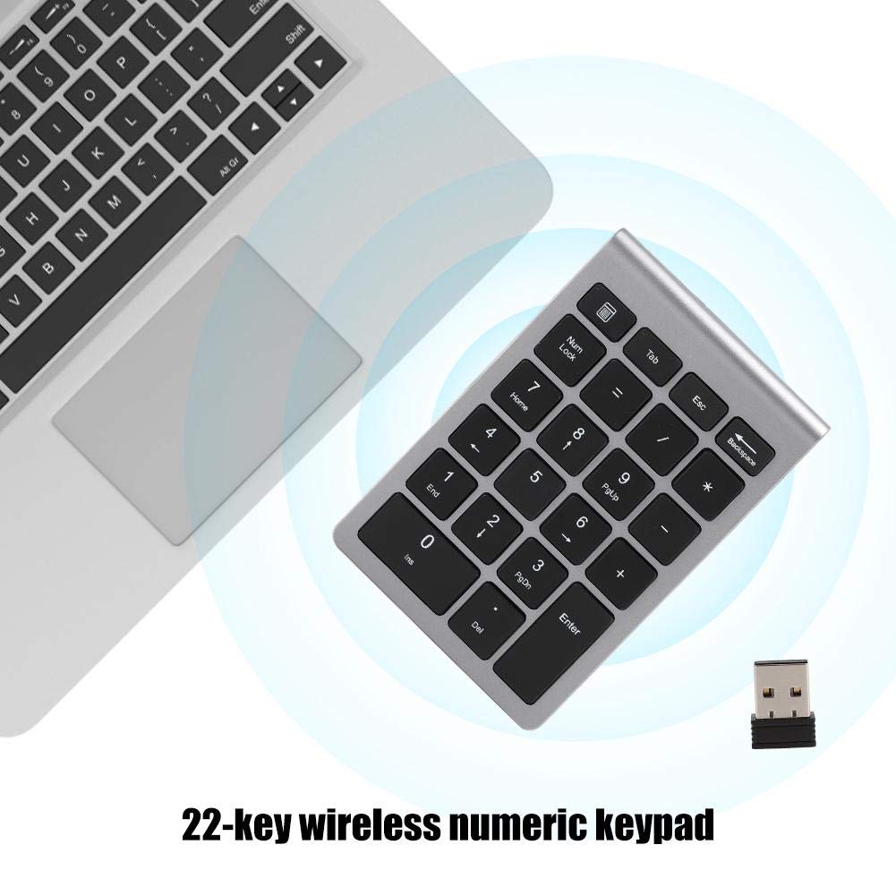 Zunate Tastierino numerico senza fili, tastierino numerico a 22 tasti con ricevitore USB, tastiera portatile da 2,4 g per numeri di contabilità finanziaria, per notebook, laptop (ferro grigio)