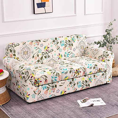 Fuloon Printed Stretch Sofa Slipcover, Couch Cover For 3 Cushion Couch, Sofa Slipcover Floral Pattern Sofa Cover With Separate Cushion Cover Washable Sofa Couch Cover Set Furniture Protector #TOP1