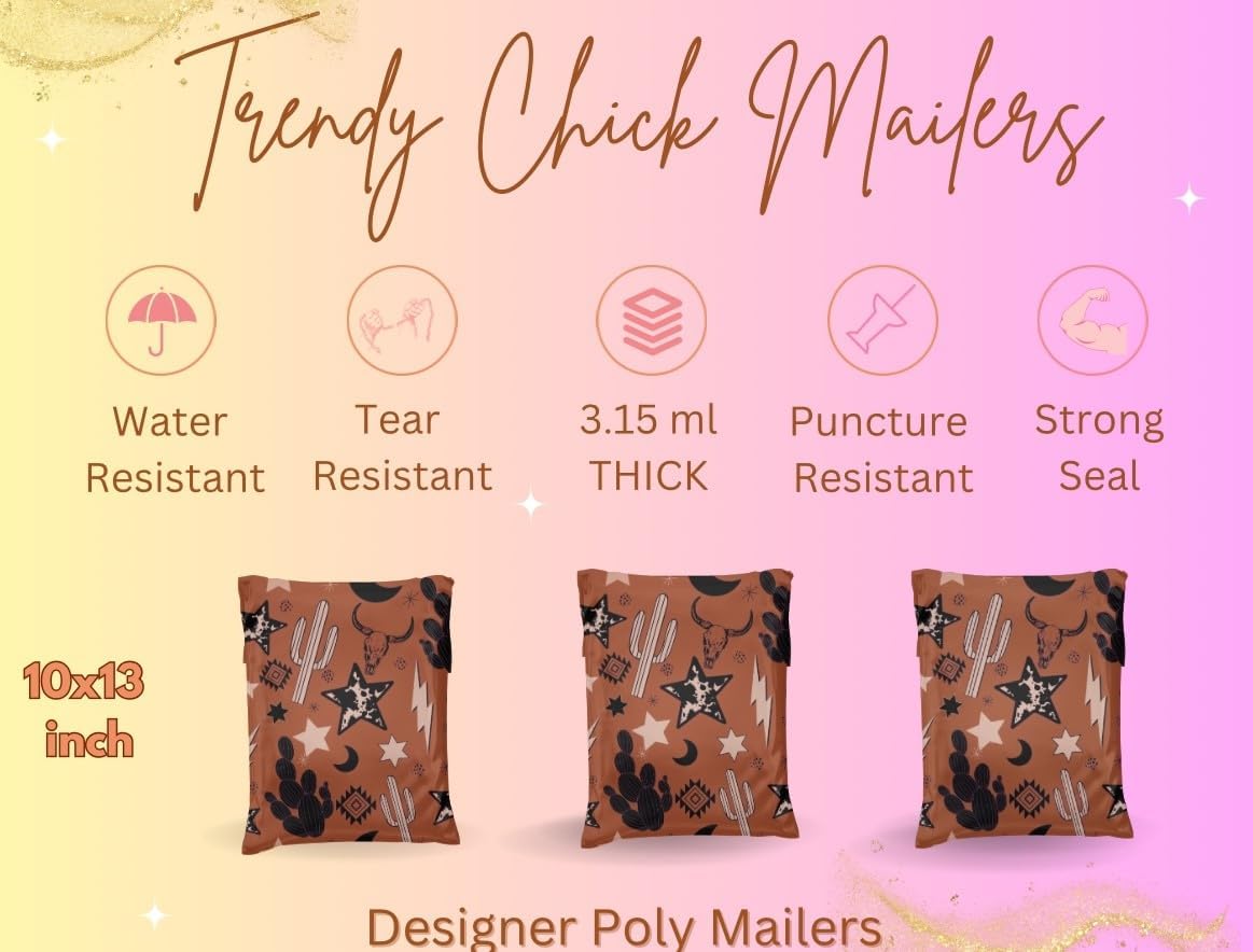 Poly Mailers - 25 Pack, Waterproof, Trendy Chick Mailers 3.15 mil - Heavy Duty, Tear Resistant Mailing Envelopes for small businesses | Cute Shipping Bags for clothing (Wild Wild West, 14.5x19)