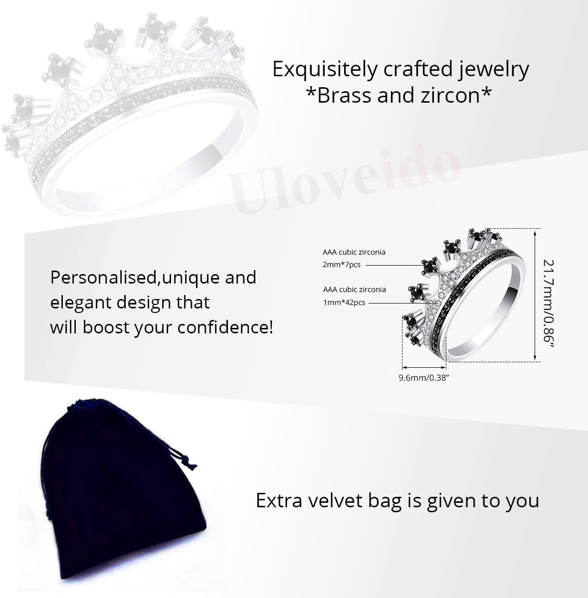 Platinum Plated Black White CZ Princess Crown Tiara Ring Wedding Promise Jewelry for Women Y983
