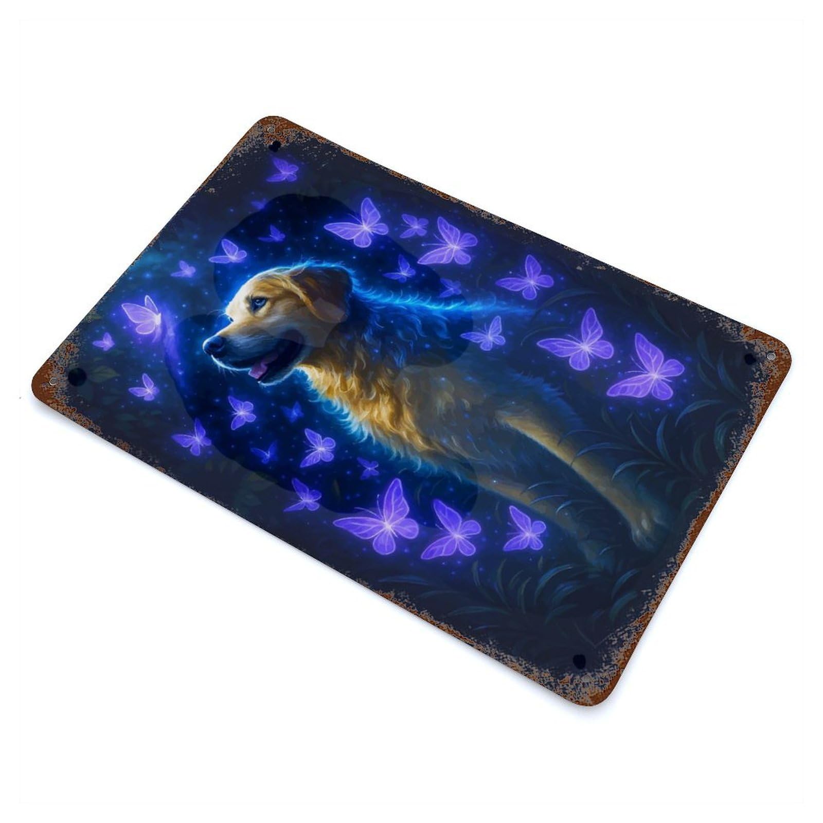 Golden Retriever Ghost with Butterflies 11.8"x7.9" Aged Metal Wall Plaque, Retro Wall Decor for Farmhouse, Kitchen And Entryway Decor