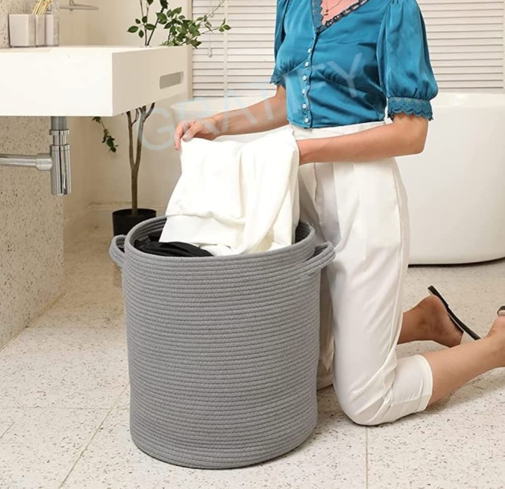 Gleckn 12" X 12" X 14" Large Storage Basket With Lid, Cotton Rope Storage Baskets, Laundry Hamper, Toy Bin, Toys Blankets Pillows Storage In Living Room Baby Nursery,Grey Stiches With Cover 1