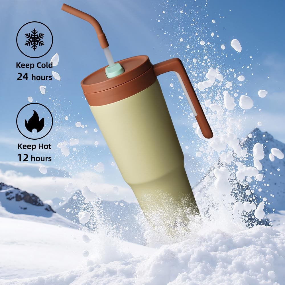 Insulated Tumbler with Handle and Straw,40 OZ Vacuum Stainless Steel Water Bottle Travel Mug Metal Cup with Fruit Diffuser,Pistachio - Image 5