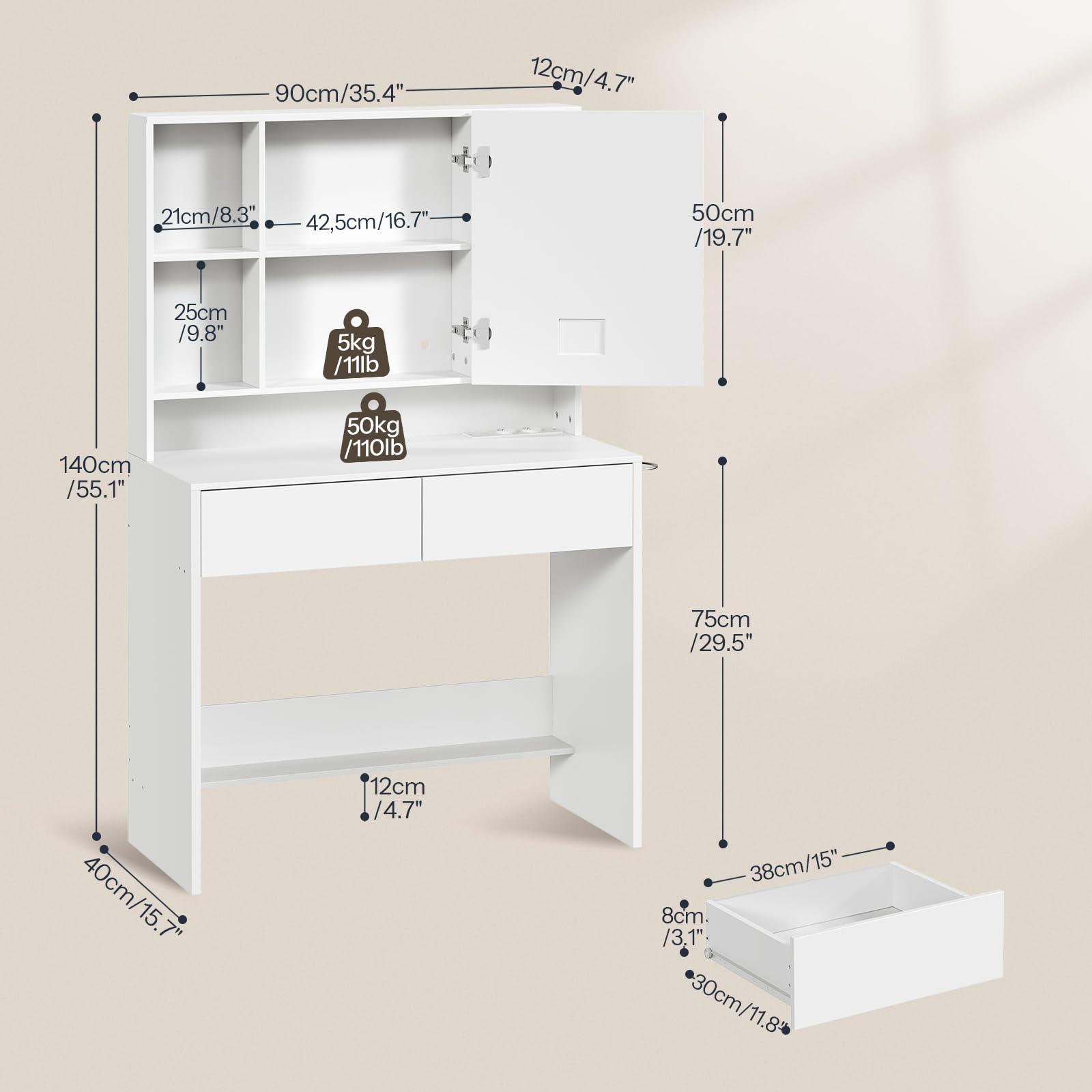 HOOBRO Schminktisch mit Verstellbarer LED-Beleuchtung, Schminktisch mit Spiegel und integrierter Steckdosenleiste (2 Steckdosen, 1 USB-A und 1 Typ C), 2 Schubladen Weiß EWT40CDSZ01DE