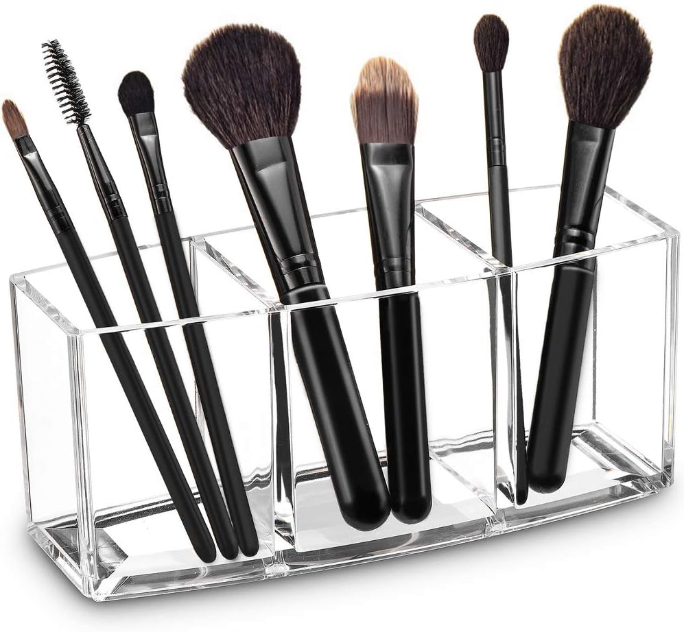 E world unbox happiness Acrylic Makeup Brush Organiser Eyeliners Display Holder Clear Cosmetic Storage with 3 Slots, Dreamsaling Amazon Store