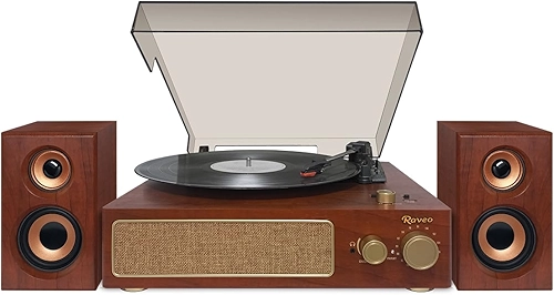 Raveo Vitrola Studio Plus com Toca-discos, Rádio FM, USB, Saída de fone de ouvido, Bluetooth e Caixas acústicas., Cor: MARROM