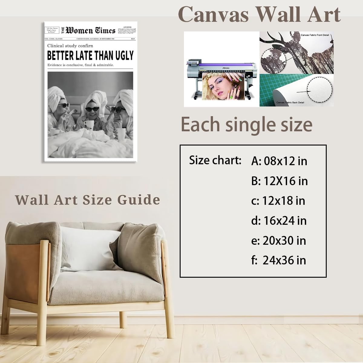 Vintage Women Times Black and White Newspaper Wall Art Better late than never posters Canvas Prints Funky Feminist Trendy College For Home Bedroom Dorm Bathroom Wall Decor 16x24inch black framed