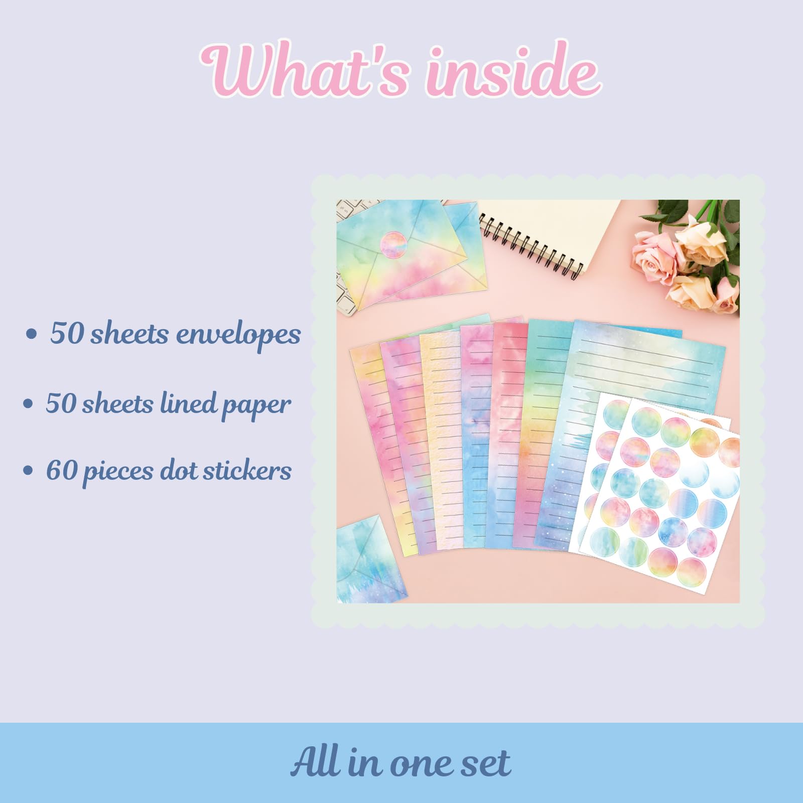 Juego de 160 piezas de papel y sobres de acuarela en 10 diseños diferentes, 50 papeles de escritura forrados de papelería de una cara con 50 sobres a juego y 60 calcomanías de puntos para escribir
