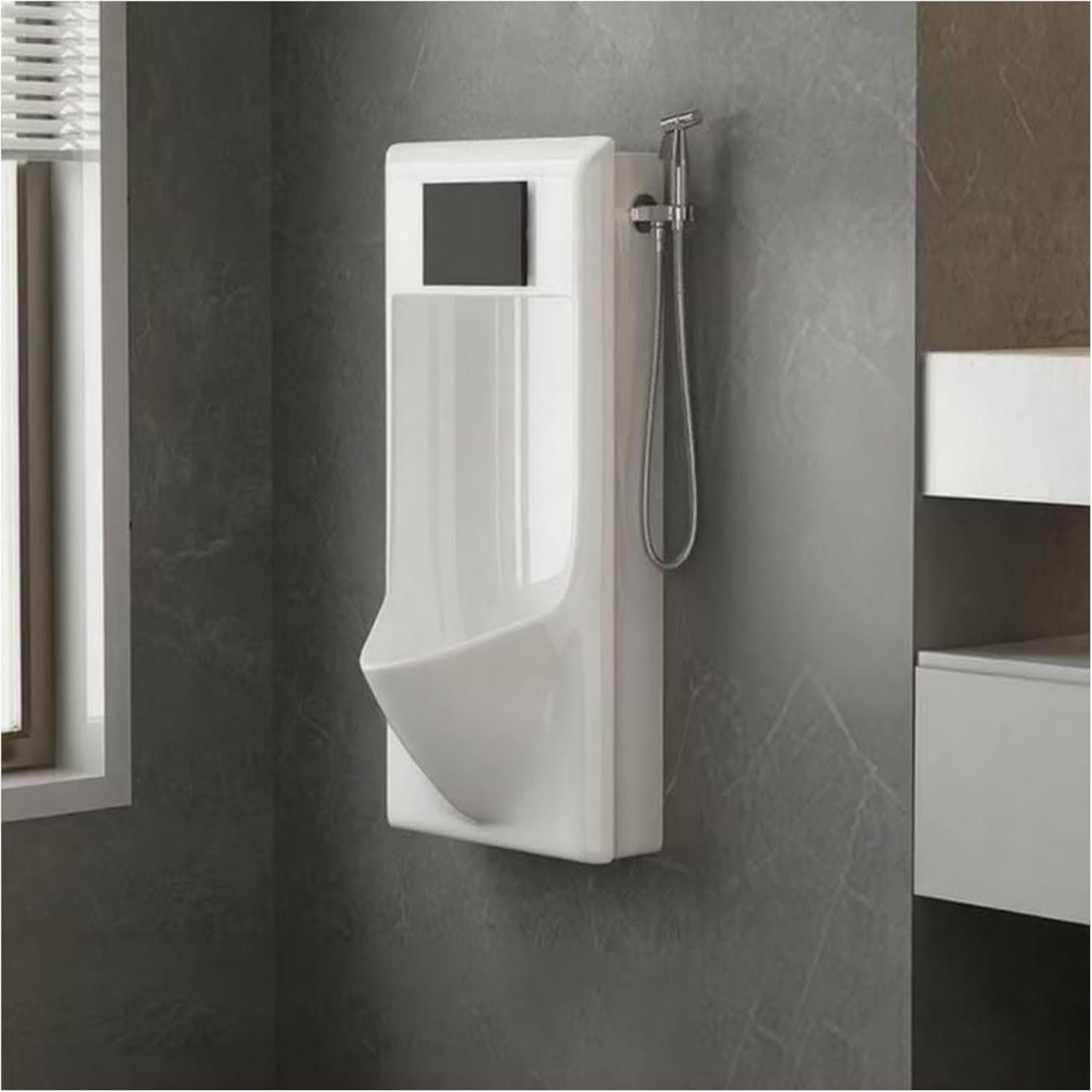 Wall Mounted Urinal for mens with Automatic Sensor Flush and Side Spray Gun, Ceramic Male Urinal for Commercial and Residential Bathroom, Touchless Waterfall Flushing(White)