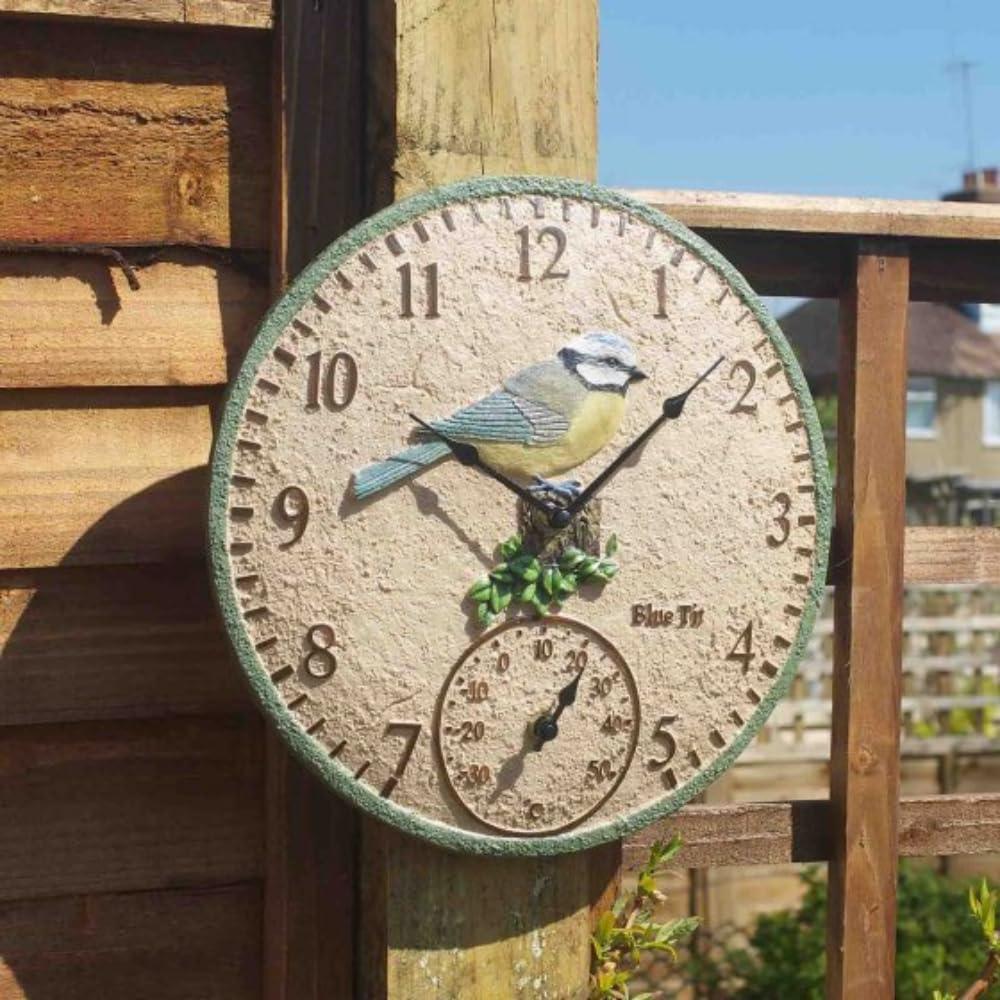 Garden Mile Beige 30Cm Blue Bird Design Garden Clock And Thermometer Durable Quarts Clocks Outdoor Wall Ornament Decorative Wall Clock For Patio, Kitchen, Livingroom Décor