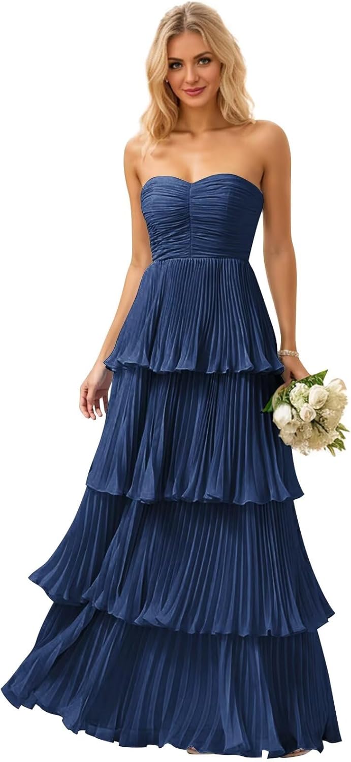 Mollyevers Strapless Ruffle Prom Dresses for Women Long Flowy Tiered Chiffon Formal Evening Gowns