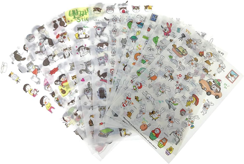 Kinteshun Cat & Rabbit Scrapbooking Stickers,Self-adhensive DIY Decorative Cartoon Animals Paster Decals Sticker for Scrapbooking or Card Making (12 Sheets with Different Patterns)
