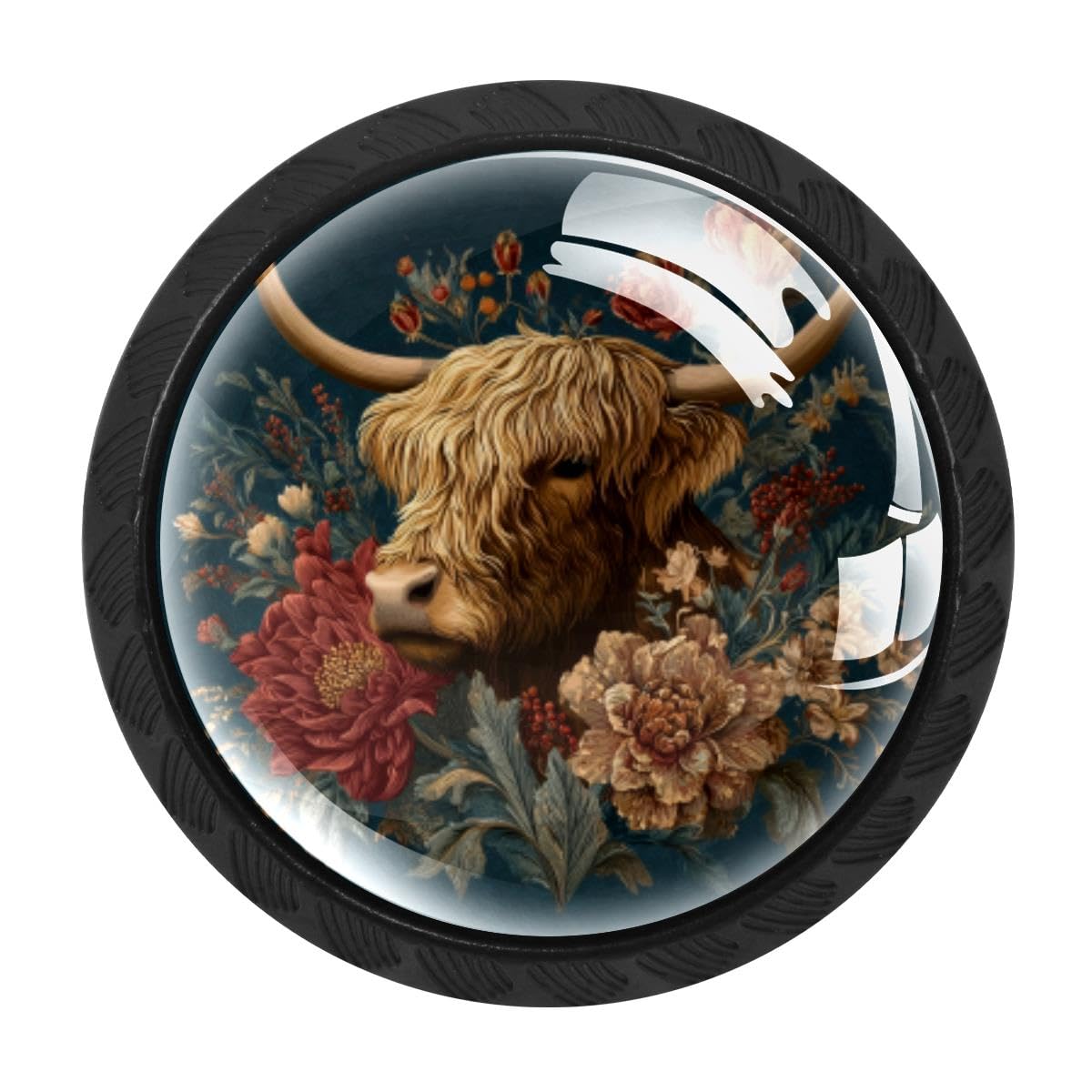 HEOEH 4 PCS Cabinet Knobs, Highland Cow Flower Drawer Knobs Dresser Handles