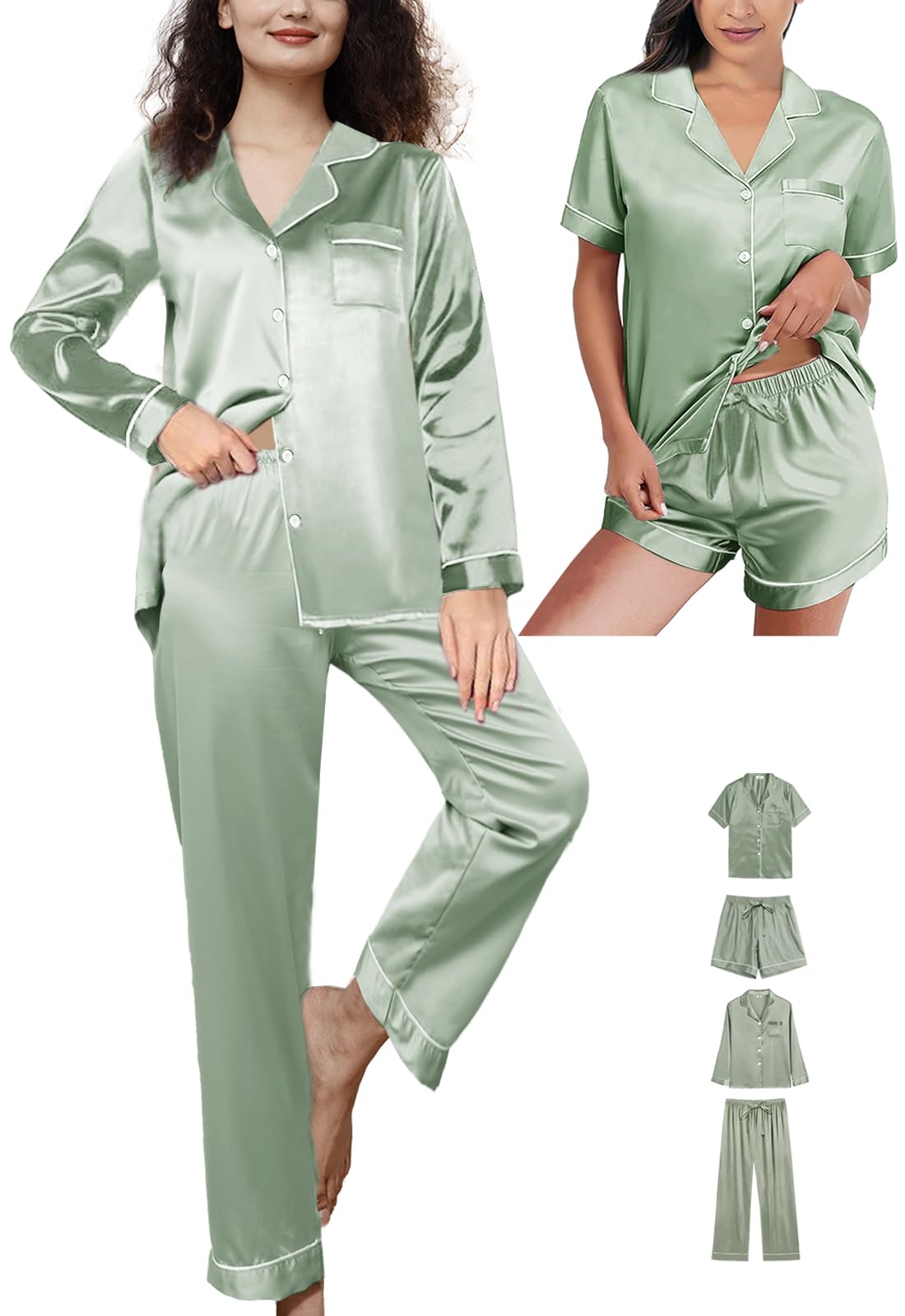 WJing Yi Jia 4Pcs Womens Silk Satin Pajama Sets Floral Pajamas Silky Pj Sets XS-2XL Button Down Pjs Set Loungewear Sleepwear