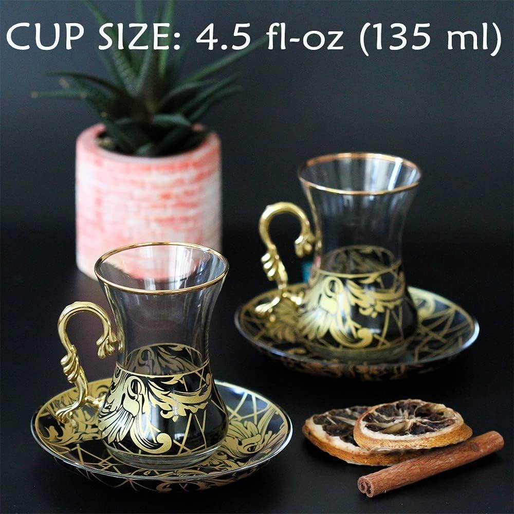 Gold Vintage Turkish Tea Glasses Cups and Saucers Set of 6 Drinking Glassware Party Adults Fancy Serving Coffee Tray Drinks Kettle Women Christmas Gift Teacup Handle Moroccan Drinkware Rim - Image 6