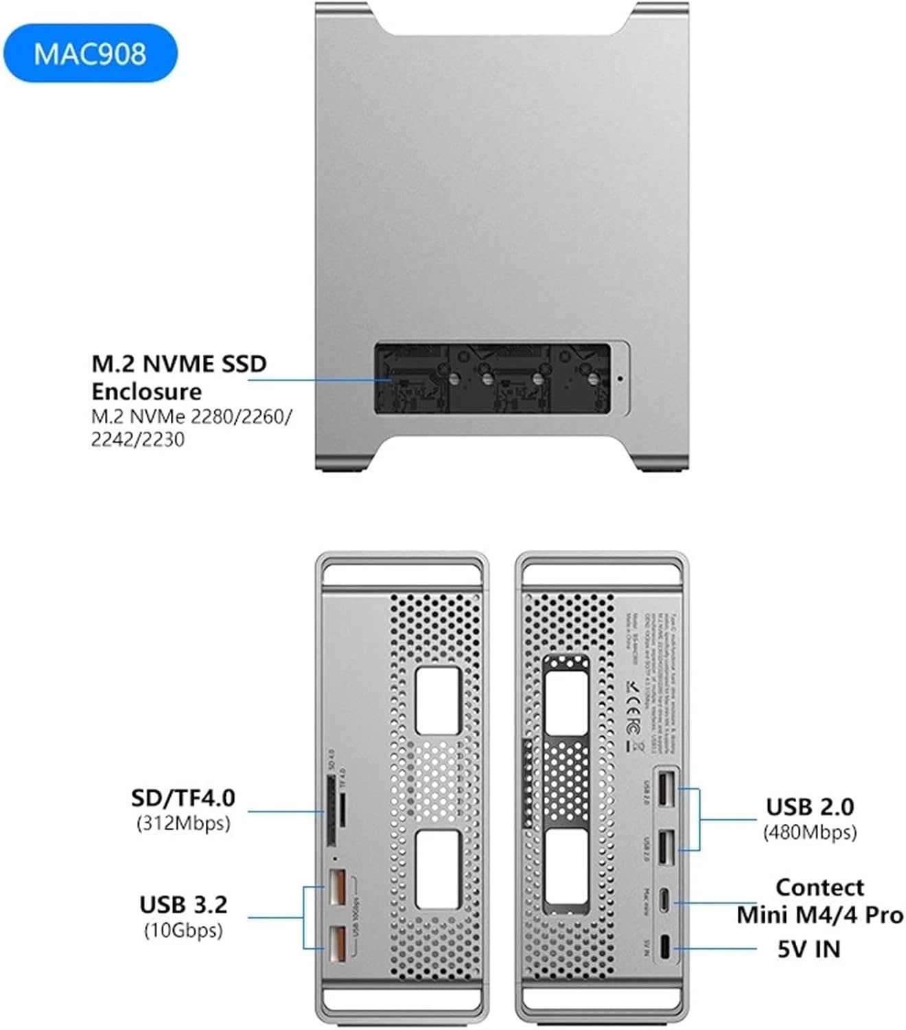 SSD Docking 2024 Mac mini M4/M4 Pro Bracket with M.2 NVMe SSD Shell 4K/60HZ HDMI Com SD4.0 TF4.0 10Gbps C hub, Docking Station(MAC 908)