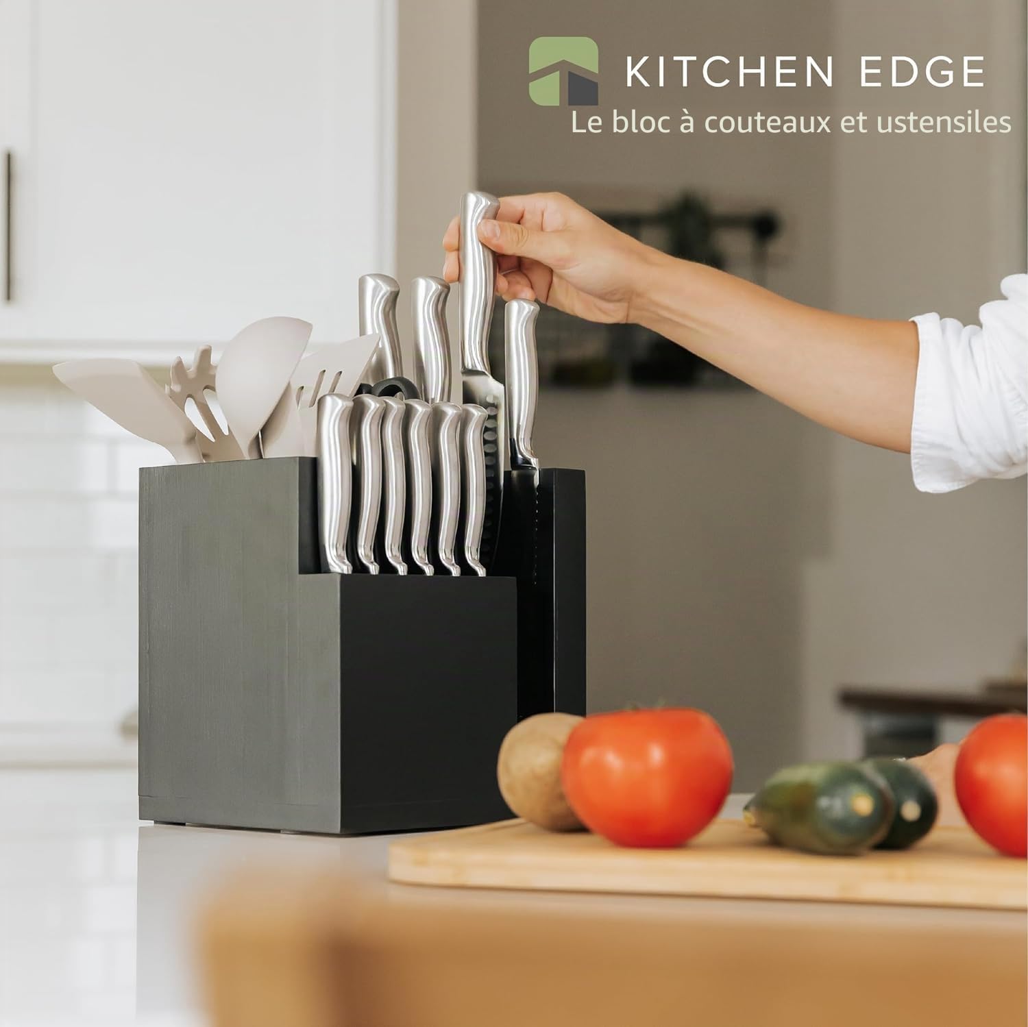 KitchenEdge Bloc de couteaux magnétique en bambou et porte-ustensiles de cuisine, rangement élégant pour couteaux de chef, couteaux à steak, spatules, ciseaux, pieds en caoutchouc antidérapants, noir