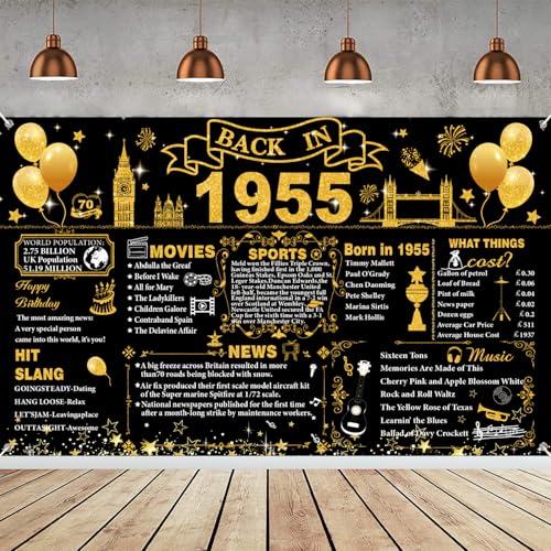 70th Birthday Decorations Black Gold, Back in 1955 Poster UK Happy 70th Birthday Decorations, Large Back in 1955 Backdrop Banner, 70 Years Anniversary Home Decor for Women Men