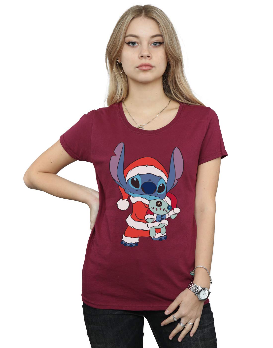 Disney Women's Lilo and Stitch Stitch Christmas T-Shirt Burgundy Small