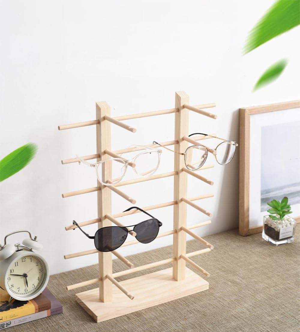 Wooden Glasses Display Rack Stand for 12 Pairs, 2-Tier Eyewear Organizer, Sunglasses Storage Holder for Easy Access, Protection, and Display