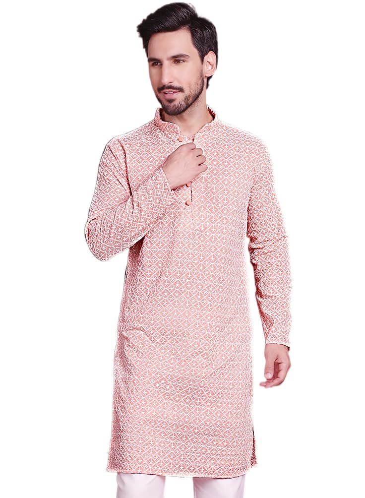 Jompers Chikankari Embroidered Kurtas For Men (Orange, M)