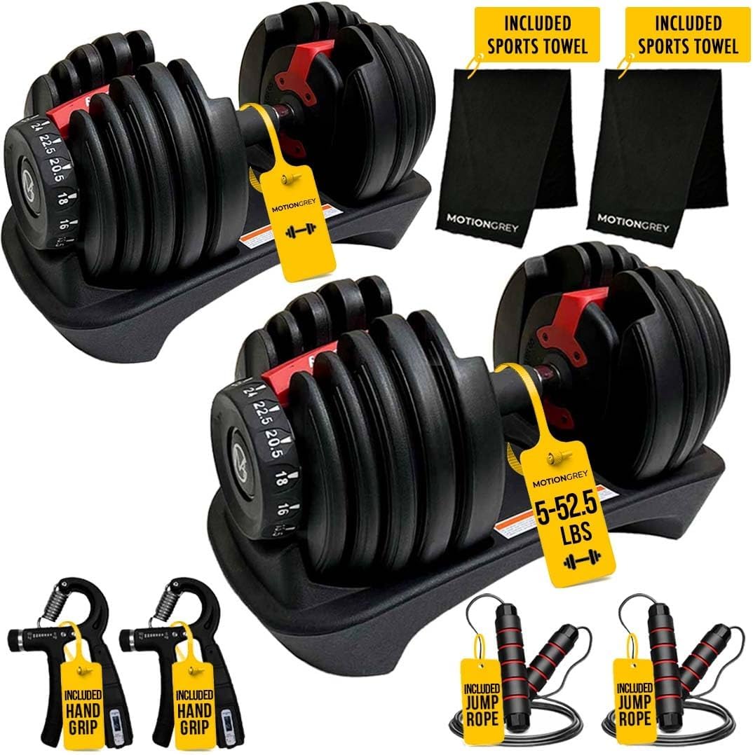 MotionGrey 5-52.5LB Adjustable Dumbbell Set (Single/Pair)| All-in-One Space-Saving Dumbbells with 15 Settings|Compact Weights for Home Gym Workout Fitness Equipment | Includes Jump Ropes & Hand Grips