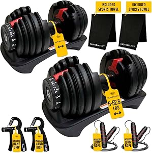 MotionGrey 5-52.5LB Adjustable Dumbbell Set (Single/Pair)| All-in-One Space-Saving Dumbbells with 15 Settings|Compact Weights for Home Gym Workout Fitness Equipment | Includes Jump Ropes & Hand Grips