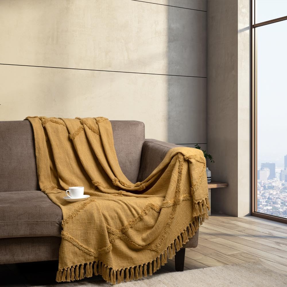 Wakefit 100% Cotton Sofa Throw | Soft & Lightweight Throw Blanket for Chair, Bed & Couch with Tassels | Machine Washable | Honey Yellow | 50x60 Inches | Pack of 1