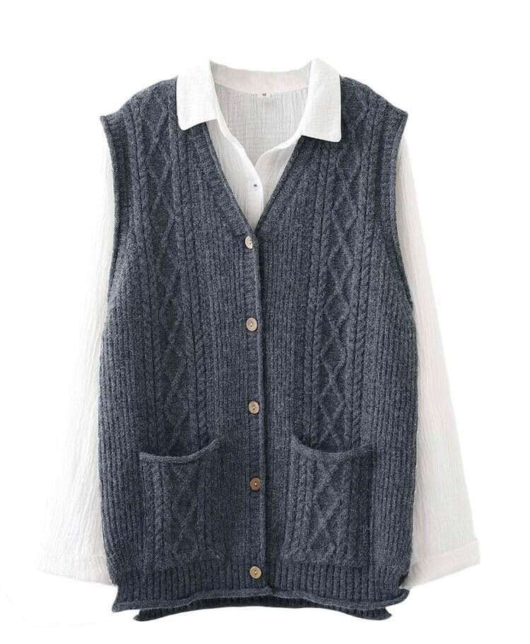 FTCayanz Women's Sweater Vest Button Down Cable Knit Cardigan Outwear (Medium, Gray)