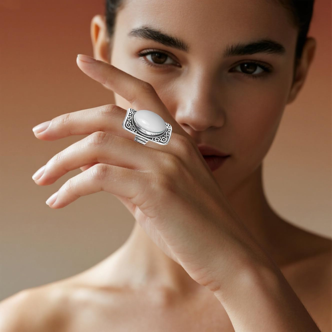 Big Natural Stone Ring,Rectangle Retro Antique Vintage Sterling Silver Genuine Crystal Quartz Gemstone Statement Wide Chunky Boho Bohemian Full Finger Ring for Women