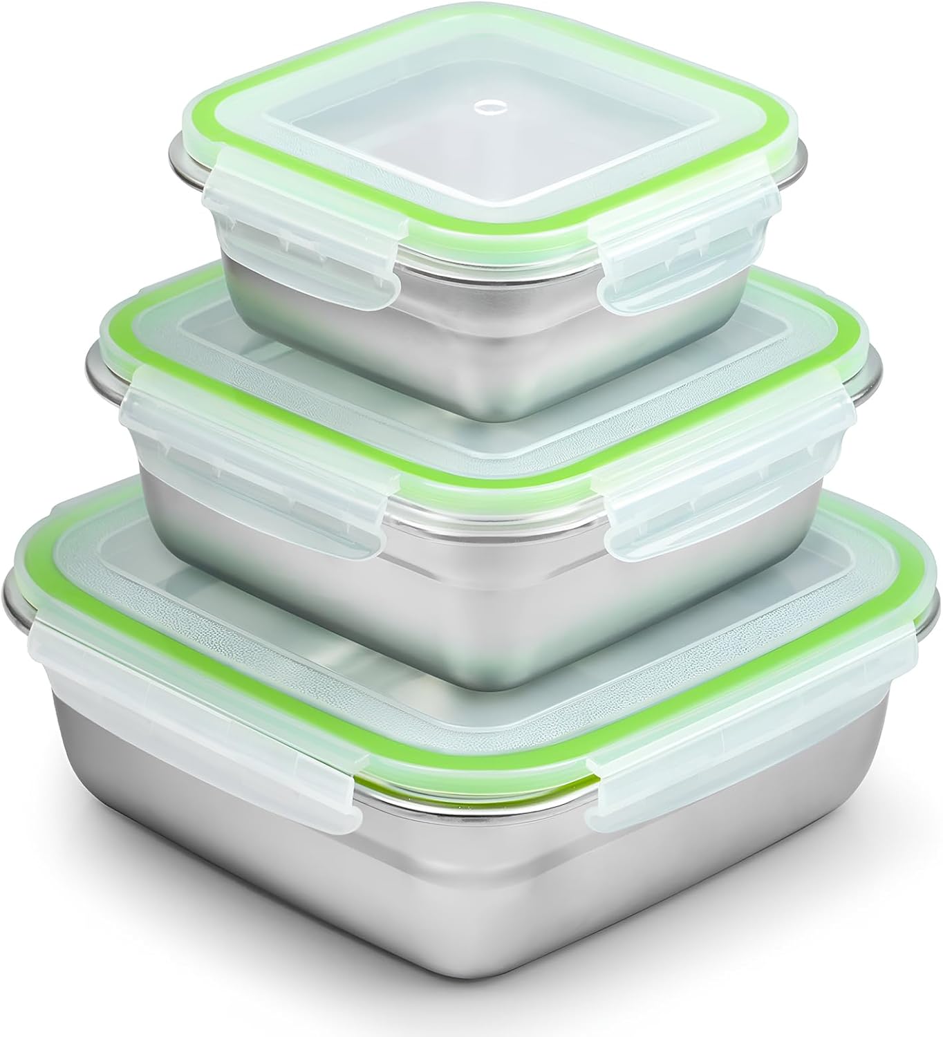 3 Pack Stainless Steel Sandwich Containers, Reusable Lunch Box Set (12/24/40 oz), Metal Food Storage with Airtight Lids, BPA-Free, Dishwasher Safe, Sandwich Box for Bento, Fruits & Snacks (Green)
