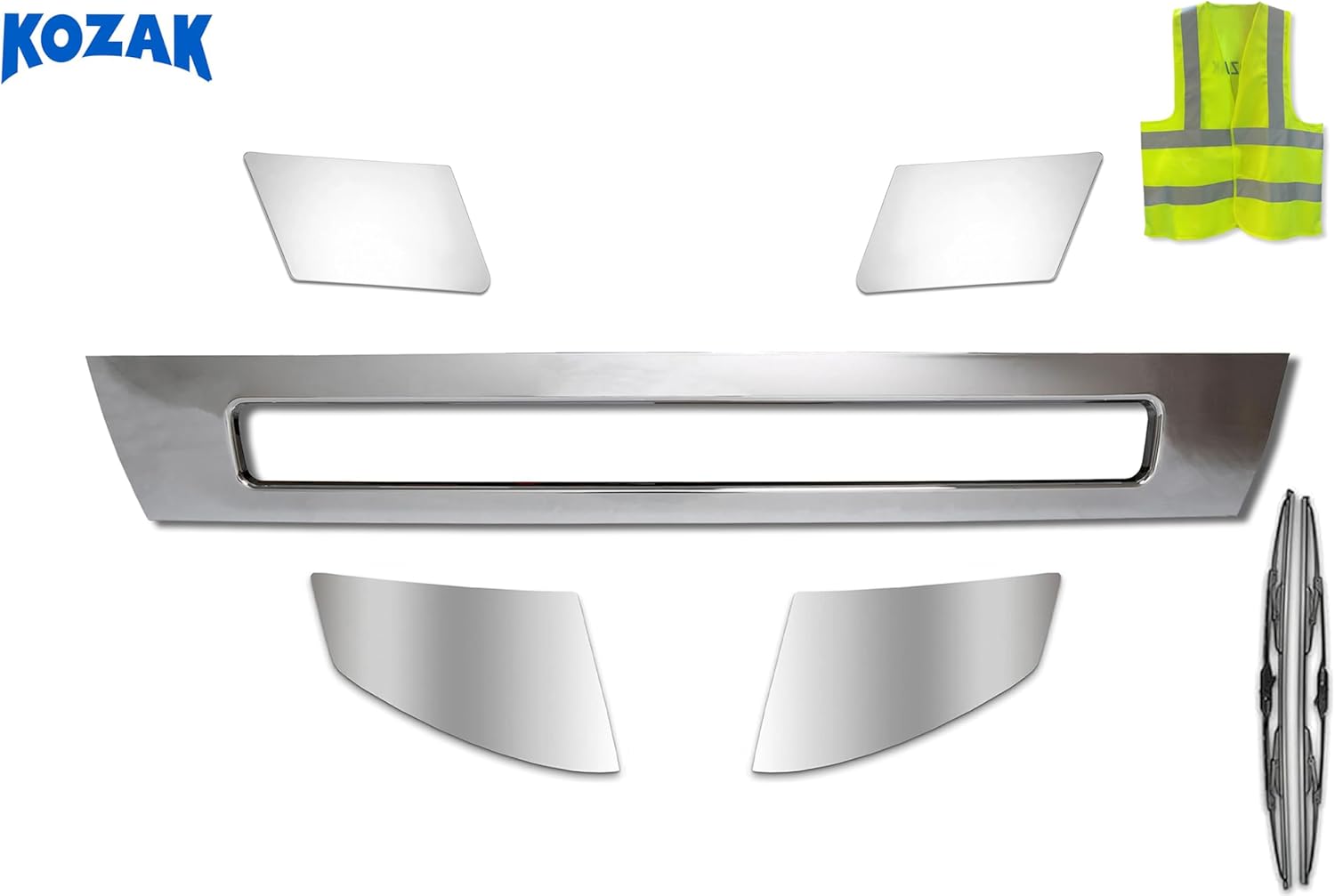KOZAK Central Bumper Chrome Strip, Extension Corners Trim and Chrome Fender Trim Set Compatible with Volvo VNL 2016-2017, Includes Logo, 2X 22 Windshield Wipers, and Vest