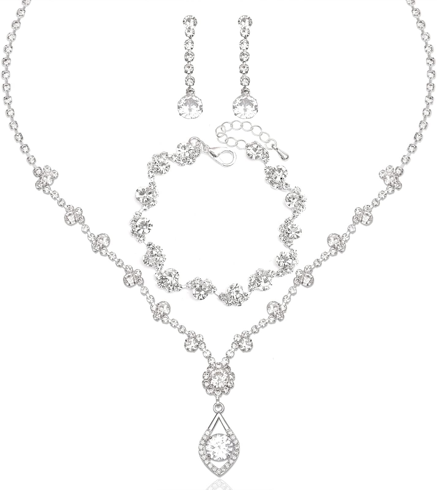 Aixiao Silver Necklace Earrings Bracelet Crystal Bridal Wedding Jewelry Sets for Brides Bridesmaid Prom Costume Accessories for Women