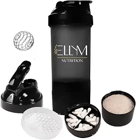 Coqueteleira Shakeira Garrafinha Copo Academia Com Porta Comprimido e Whey 500ml Preta Ellym Nutrition 15x8x8