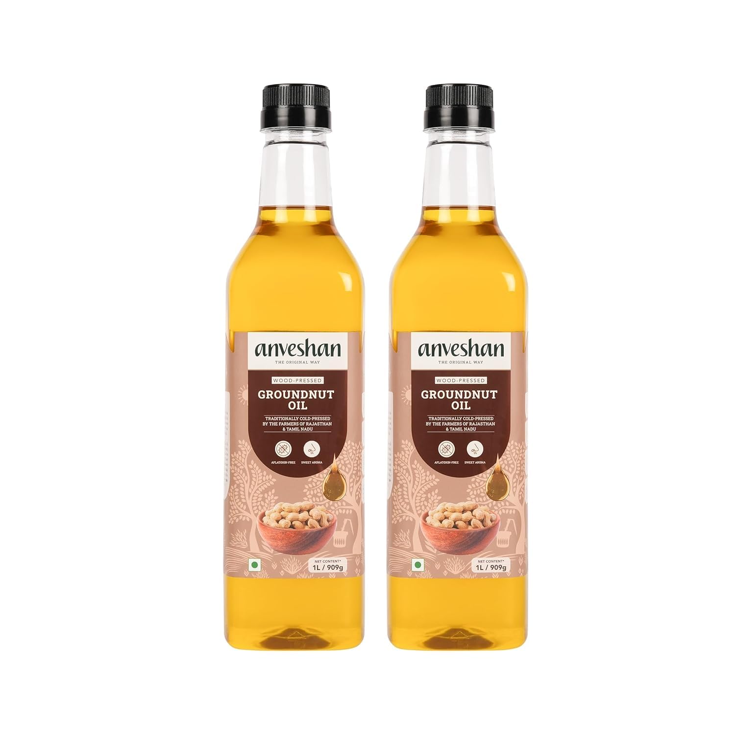 Anveshan Wood Pressed Groundnut Oil - 2x1 Litre | Plastic Bottle | Kolhu/Kacchi Ghani/Chekku/Ganuga | Peanut Oil | Natural | Chemical-Free | Cold Pressed Groundnut Oil for Cooking