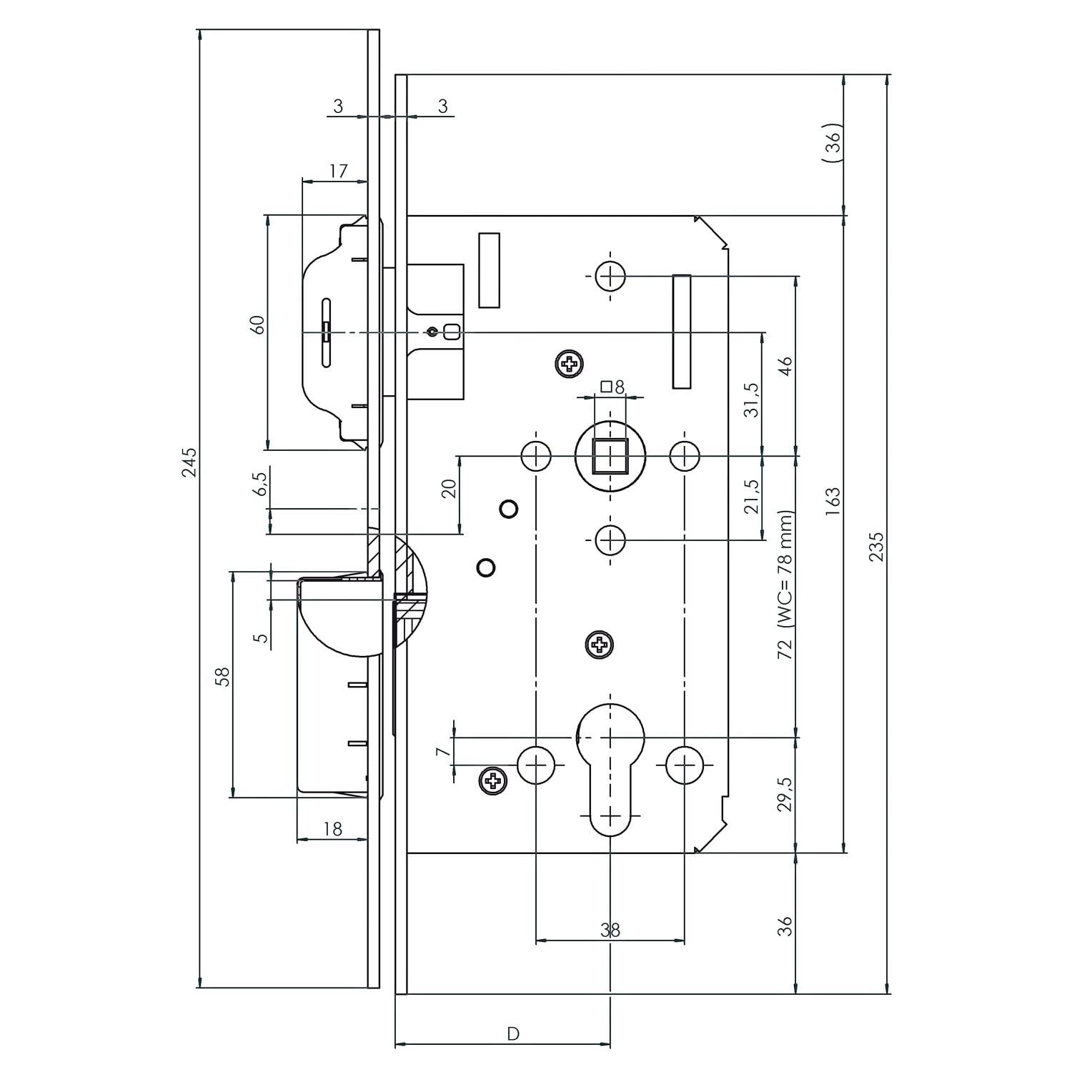 Magnetfallenschloss WC 78mm Türbeschlag, Einsteckschloss magnetisch DM 55 Stulp rund, Edelstahl