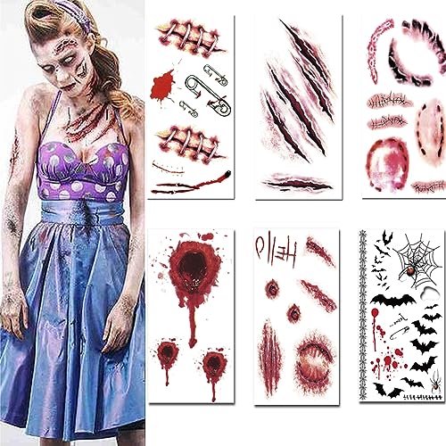 6 Sheets Halloween Temporary Tattoos Realistic Face Scar Tattoo Fake Stitch Fake Blood Scar Stickers Makeup Halloween Spider Web Fake Tattoos for Prank Prop Halloween Masquerade Party Cosplay